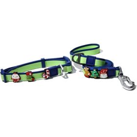 Christmas Themed Dog Collar and Leash Set, Waterproof PVC Pet Collar with Cute Charms for Small Medium Dogs (Color: Green Blue, size: S)
