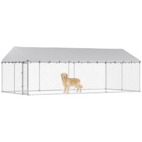 Heavy Duty Outdoor Dog Kennel With Waterproof Roof, 2 Secure Latches, Chain Link Dog Run For Backyard, 20' X 10' X 7'For Multiple Packages, Pleas (Option: Silver)